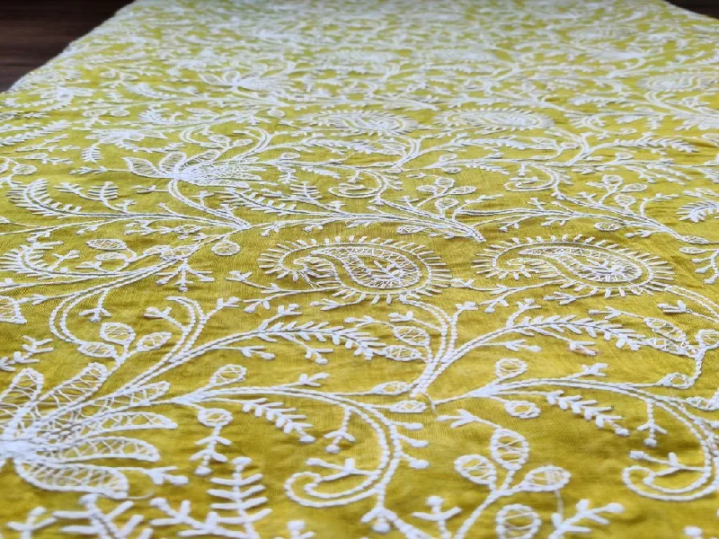 Lime Green White Paisleys Embroidered Chanderi Fabric