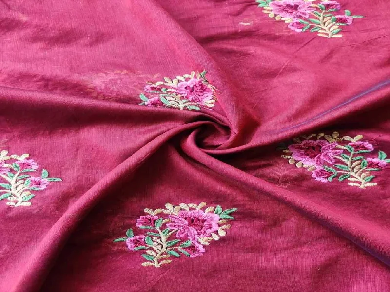 Maroon Flowers Embroidered Chanderi Fabric