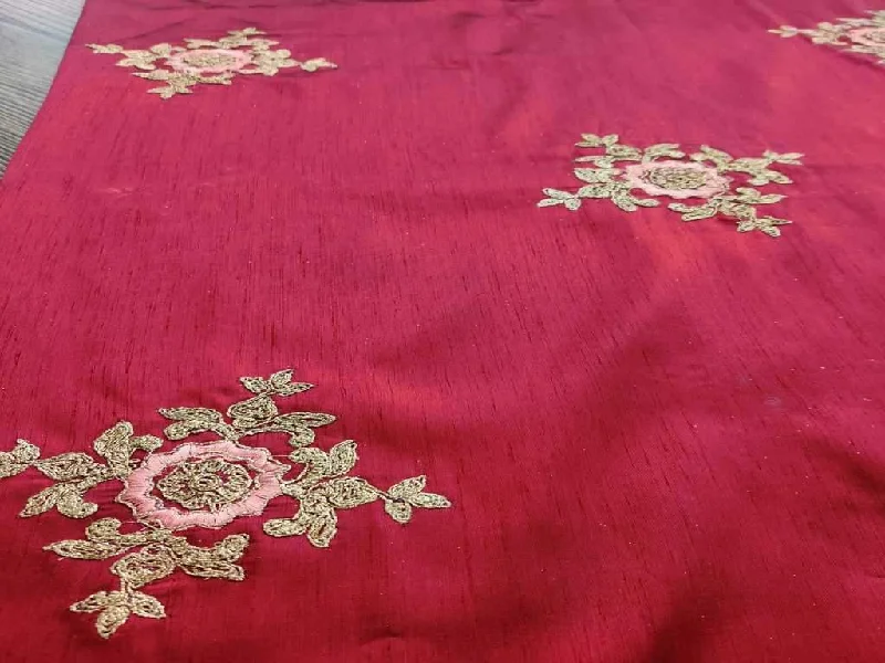 Maroon Flower Dori Embroidered Zorba Silk Fabric