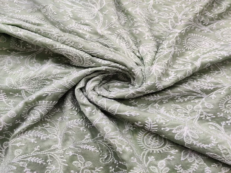 Mint Green White Paisleys Embroidered Chanderi Fabric