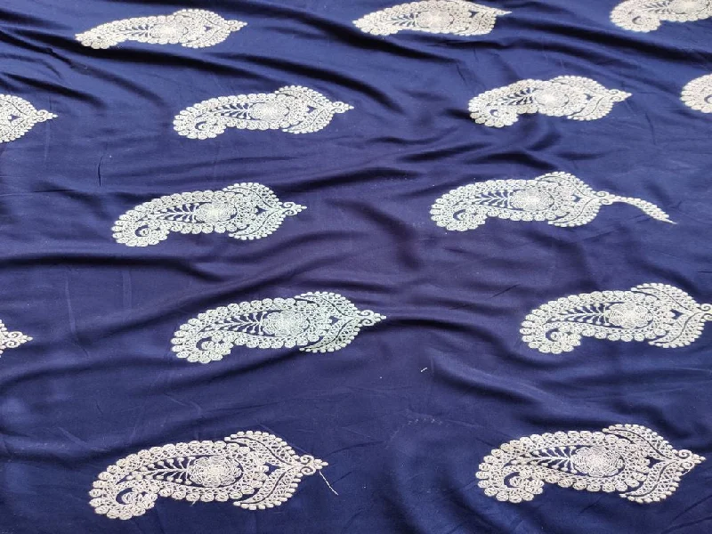 Navy Blue White Paisleys Lakhnawi Embroidered Rayon Fabric