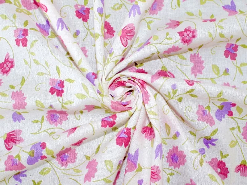 Off White Pink Violet Flowers Pure Cotton Fabric