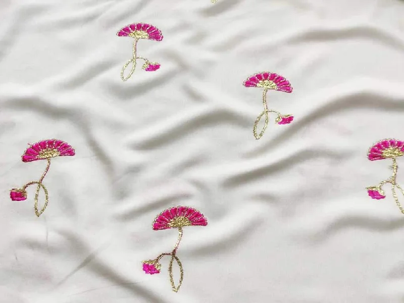 Off White Pink Flowers Embroidered Rayon Fabric