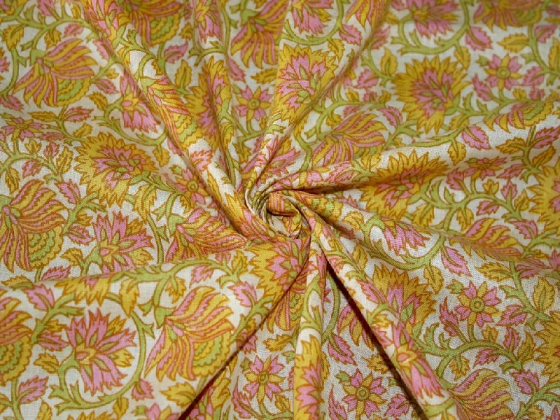 Off White Yellow Pink Flowers Pure Cotton Fabric