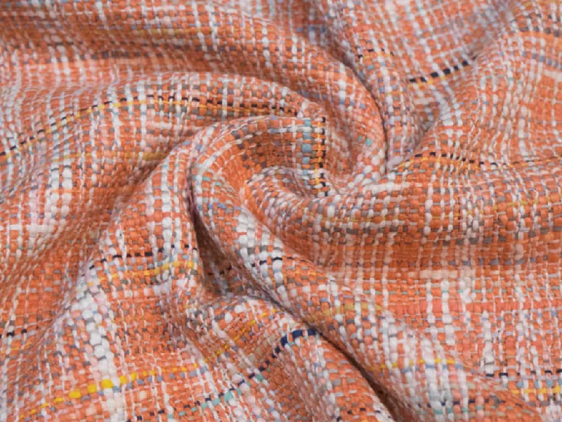 Orange White Textured Cotton Jacquard Fabric