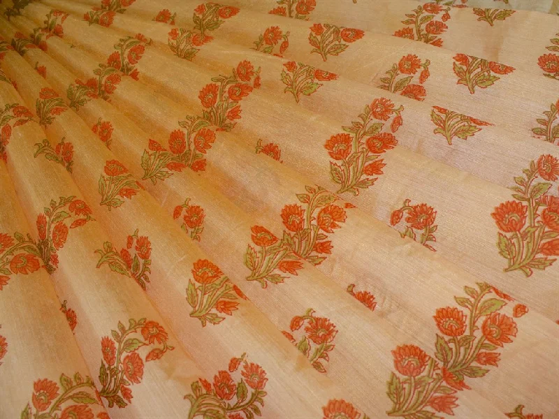 Peach Flower Polyester Chanderi Fabric