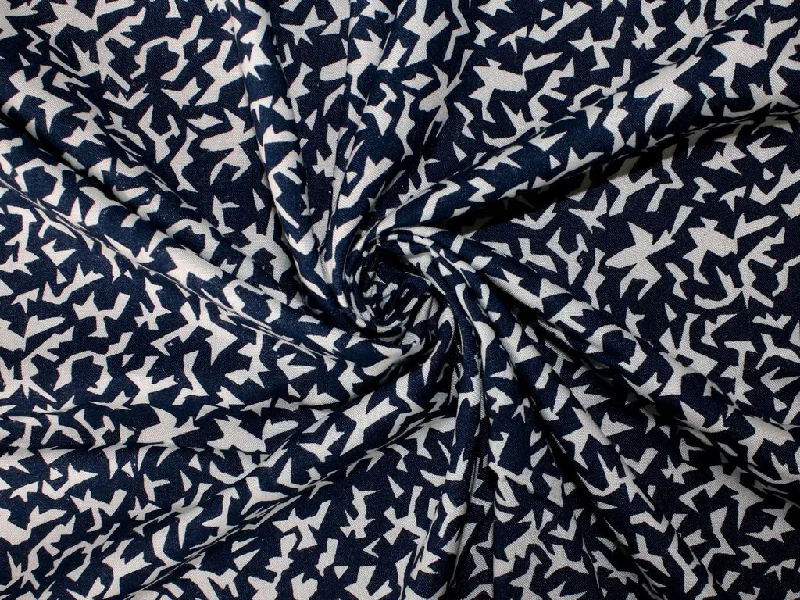 Navy Blue White Abstract Pure Viscose Rayon Fabric