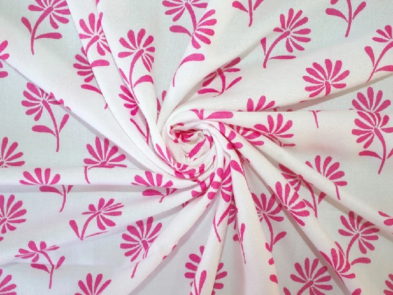 White Pink Flowers Pure Viscose Rayon Fabric