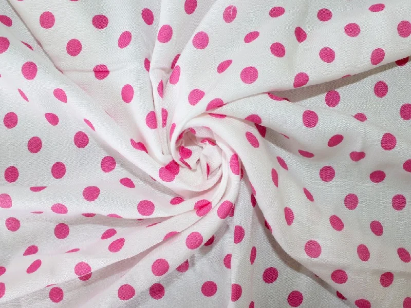 White Pink Polka Dots Viscose Rayon Fabric