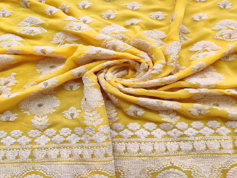 Yellow White Flowers Lakhnawi Embroidered Georgette Fabric