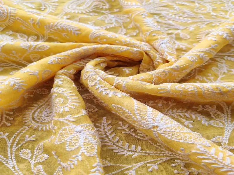 Yellow White Paisleys Lakhnawi Embroidered Pure Georgette Fabric