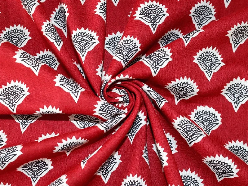 Red Black Flower Motif Pure Cotton Fabric