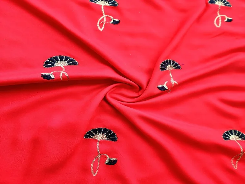 Red Black Flowers Embroidered Rayon Fabric