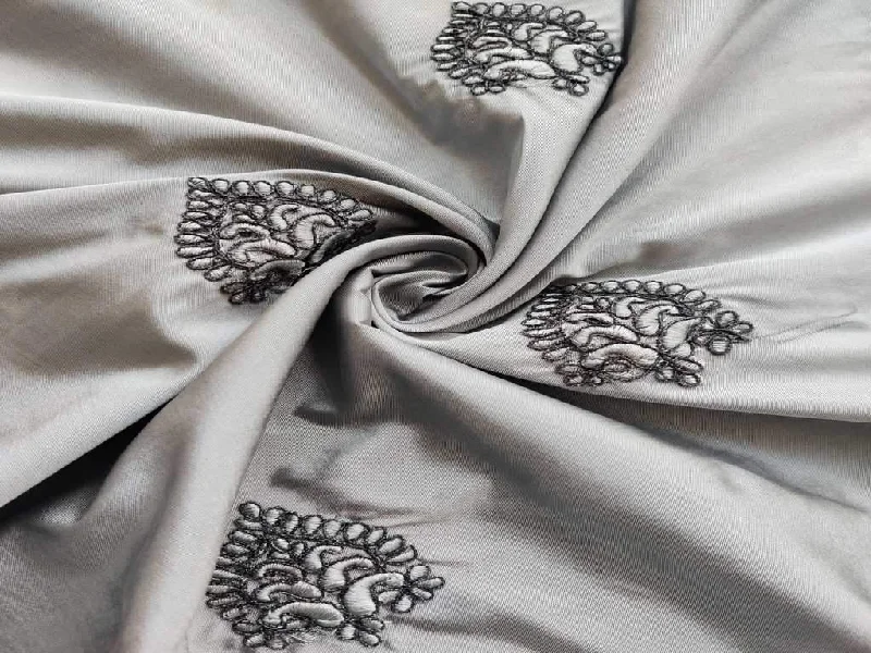 Silver Gray Butta Embroidered Taffeta Silk Fabric