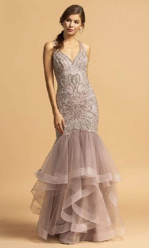 Trevi Collection - L2163 V-Neck Beaded Trumpet Dress