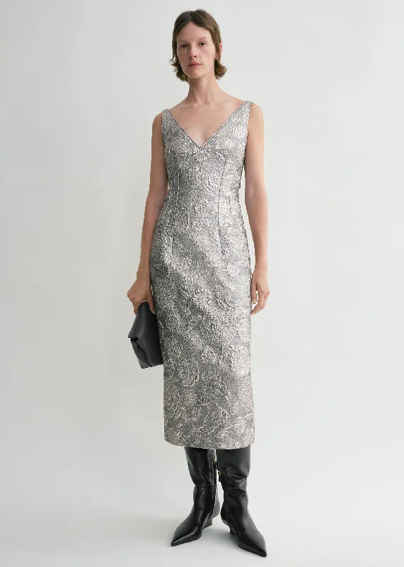 V-neck brocade dress silver