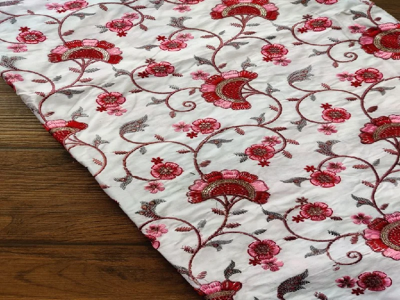 White Maroon Flowers Heavy Embroidered Cotton Fabric