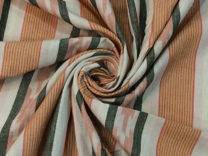 White Orange Multicolour Abstract Stripes Handloom Thick Cotton Ikat Fabric