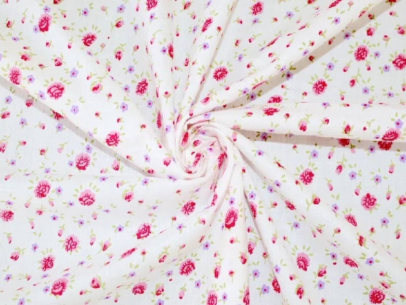 White Pink Green Flowers Pure Cotton Fabric