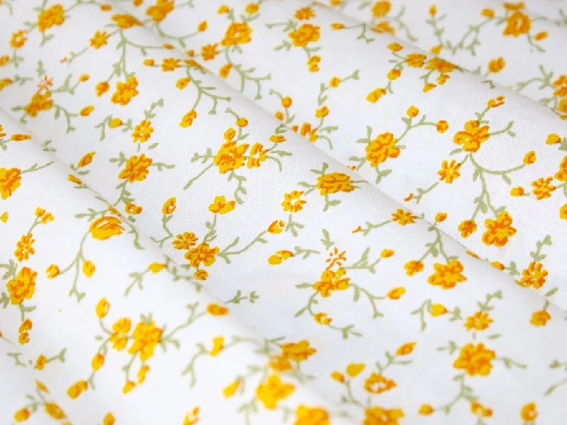 White Yellow Green Flowers Pure Cotton Fabric