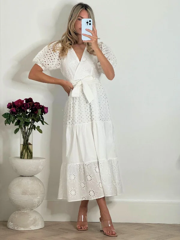 Claudia Puff Sleeve Broderie Midaxi Dress in White