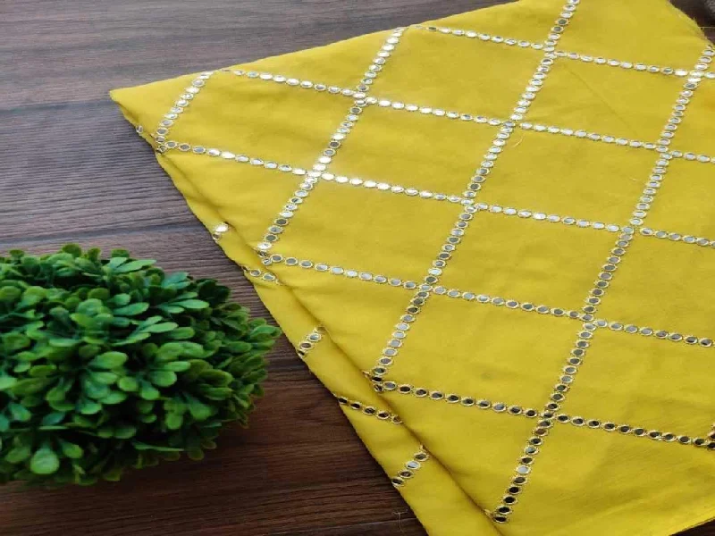 Yellow Silver faux Mirror Work Embroidered Cotton Fabric