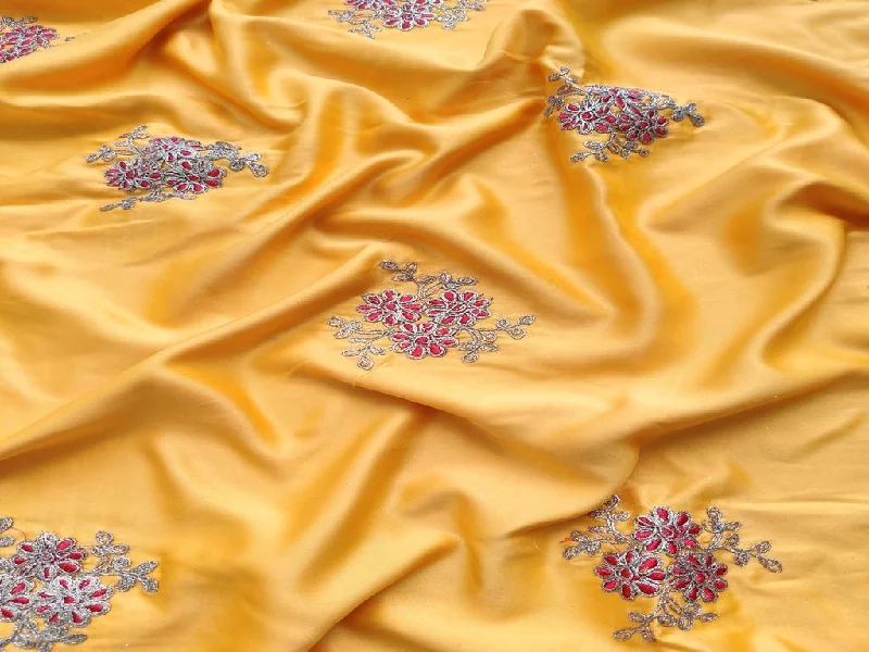 Yellow Red Flowers Embroidered Satin Fabric