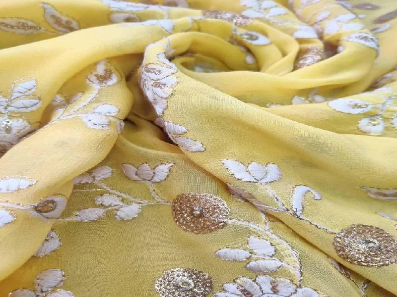 Yellow Flowers Zari and Thread Embroidered Pure Georgette Fabric