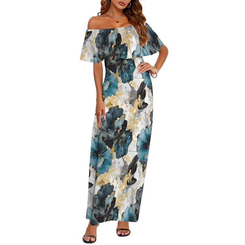 Blue & Gold Ink Floral Women's Off Shoulder Ruffle Boat Neck Dress (Model D71)