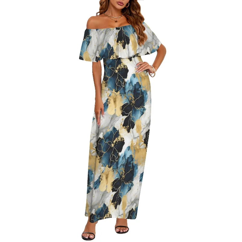 Blue Ink Floral Women's Off Shoulder Ruffle Boat Neck Dress (Model D71)