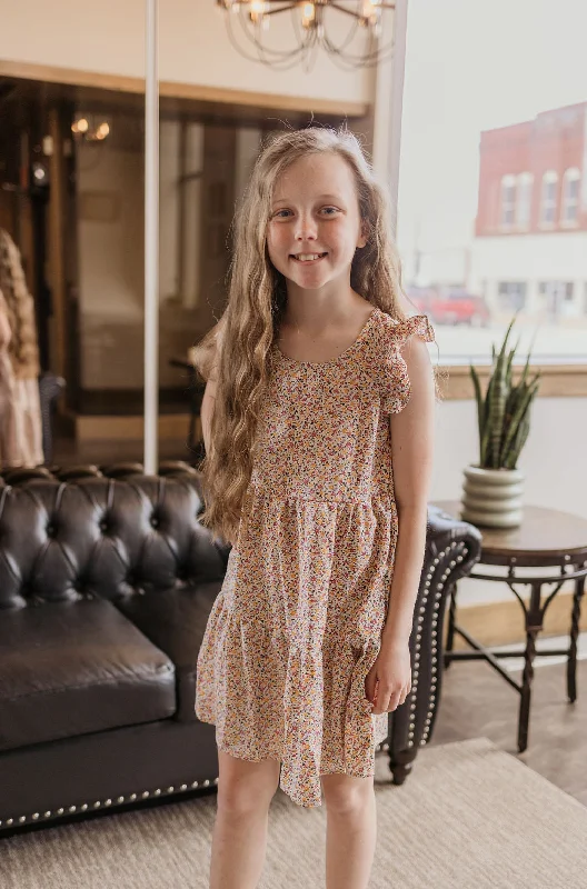 CAYLIN GIRLS FLORAL RUFFLE SLEEVE DRESS