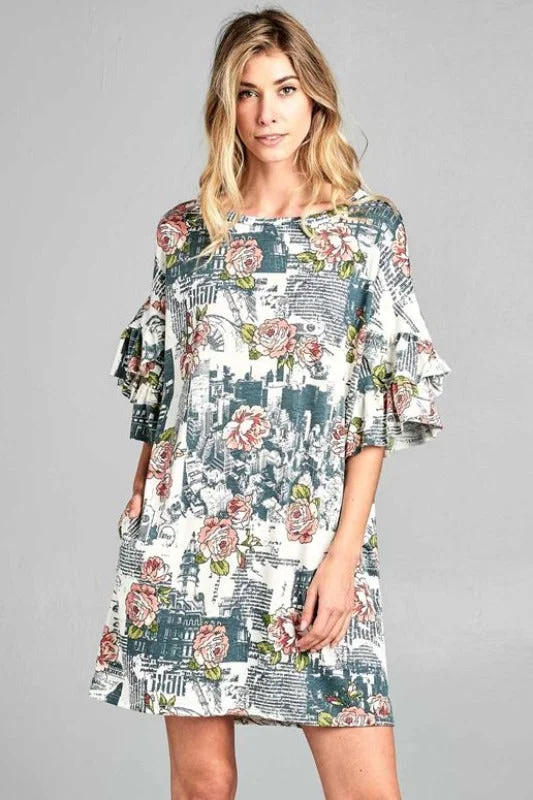 Floral Newspaper Print Ruffle Sleeve Dress - Ivory