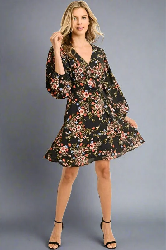 Gilli Floral Surplice Dress - Black