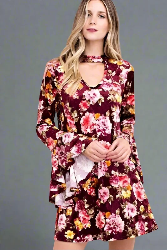 Kori Floral Velvet Choker Dress - Wine