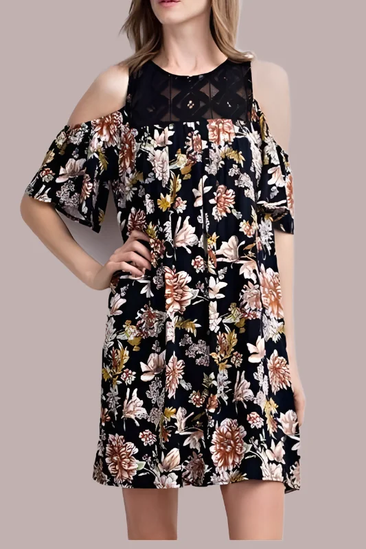 L Love Cold Shoulder Floral Print Shift Dress - Black