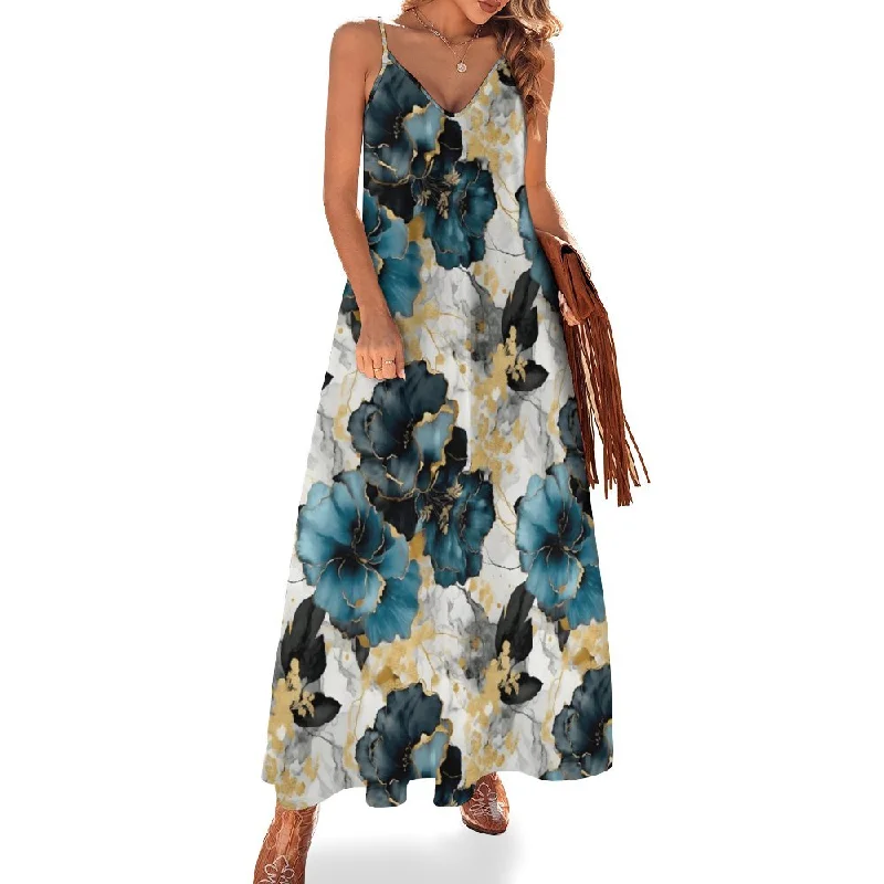 Alcohol Ink Floral Spaghetti Strap Ankle-Length Dress Long dress