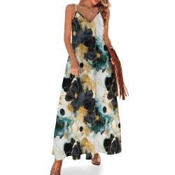 Alcohol Ink Floral Spaghetti Strap Ankle-Length Dress Long dress