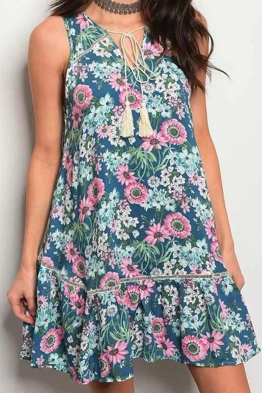 Tassels N Lace Boho Floral Tassel Dress - Teal