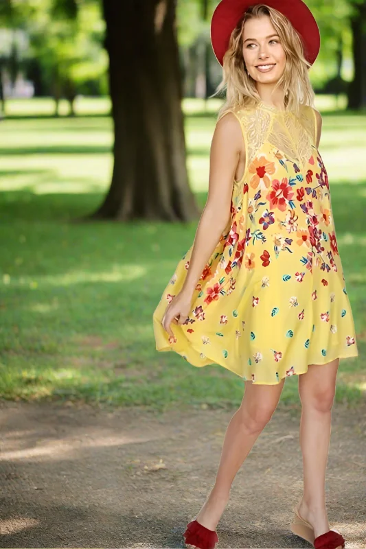 Umgee Floral Swing Lacey Dress - Yellow