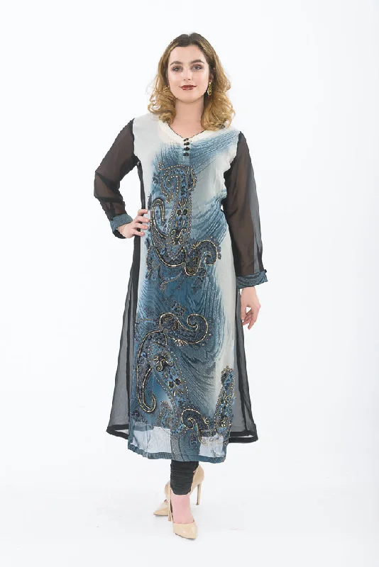 Beautiful Gray and Black Embroidered Long Kurti Pleated A-line Skirt