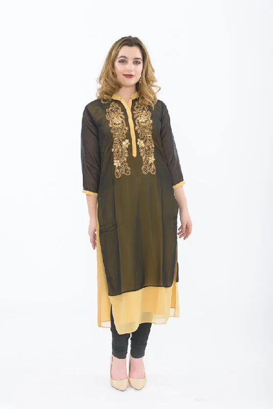 Charming Beige and Black Long Kurti Trendy Maxi Skirt