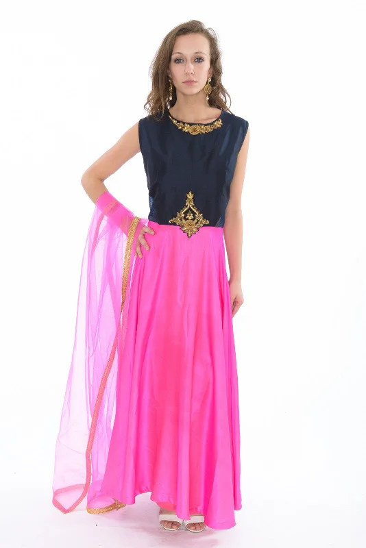 Colorblock Navy and Hot Pink  Indo-Western Long Anarkali Gown Maxi Skirt Casual