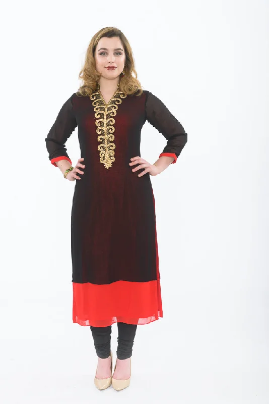 Enigmatic Red and Black Long Kurti with Churidar Soft Ruffled Maxi