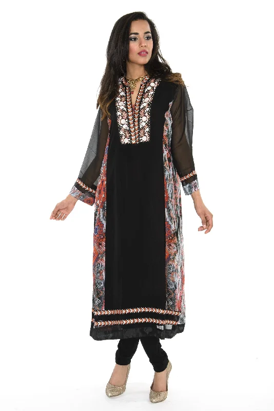 Elegant Black Long Kurti Salwar Kameez (Size M/L) V-neck Maxi Skirt