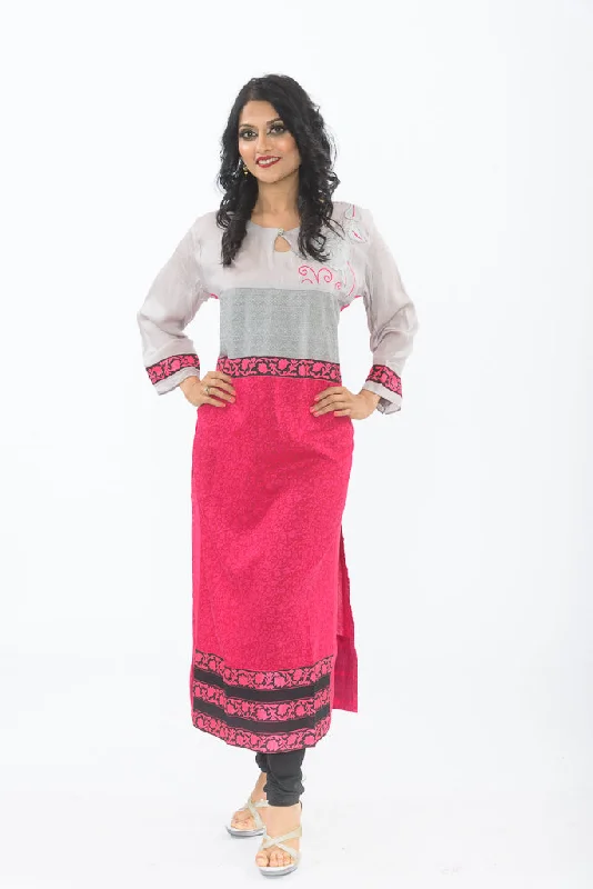 Cool Grey and Hot Pink Long Kurti High-Low Maxi Skirt