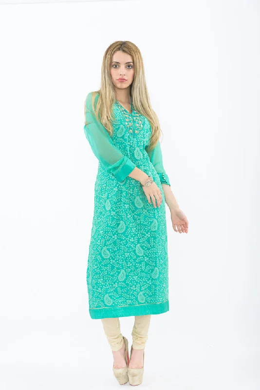 Endearing Paisley Teal Green Long Kurti with Churidar Flowy Maxi Skirt