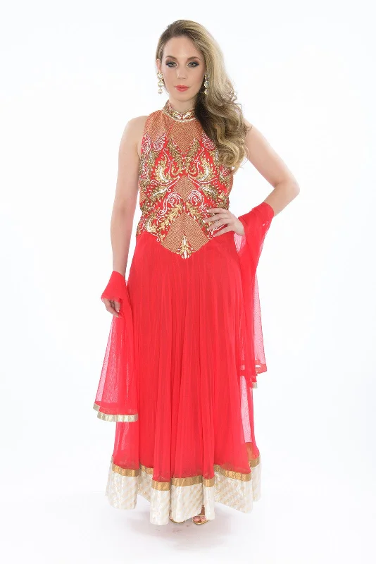 Fiery Gold and Red Sleeveless Long Anarkali Gown Elegant Long Skirt