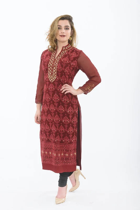 Garnet Red Long Kurti with Leggings Front Slit Skirt