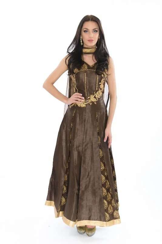 Glossy Mocha Indo-Western Long Anarkali Gown Maxi Skirt Classic