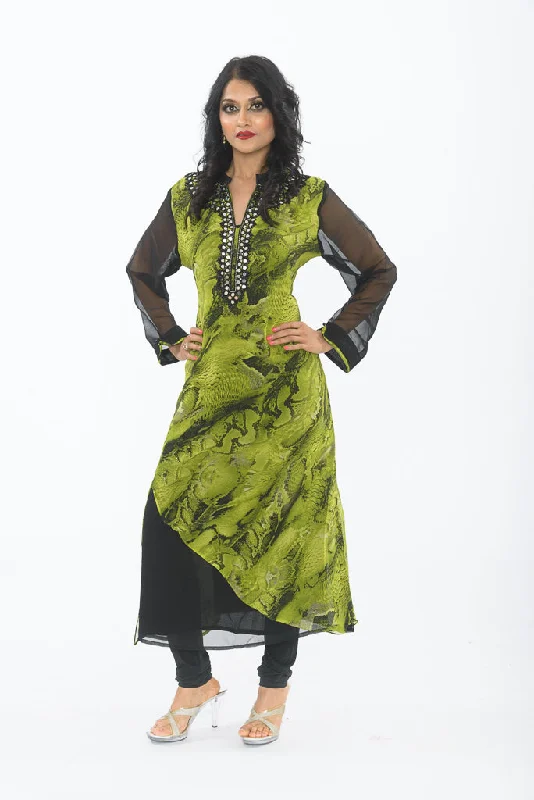 Modern Green and Black Long Kurti Cozy Maxi Skirt